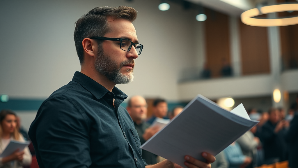 thoughtful contemporary worship leader reviewing worship song writers trends music sheets in a modern church interior, worship leader on stage, congregation in background, cool tones, soft lighting