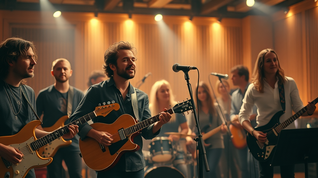 dynamic collage of iconic worship bands like Hillsong, Bethel Music, Elevation Worship, Passion and their worship leader teams, collaborative studio atmosphere, worship song writers trends, musical notes and creativity in motion
