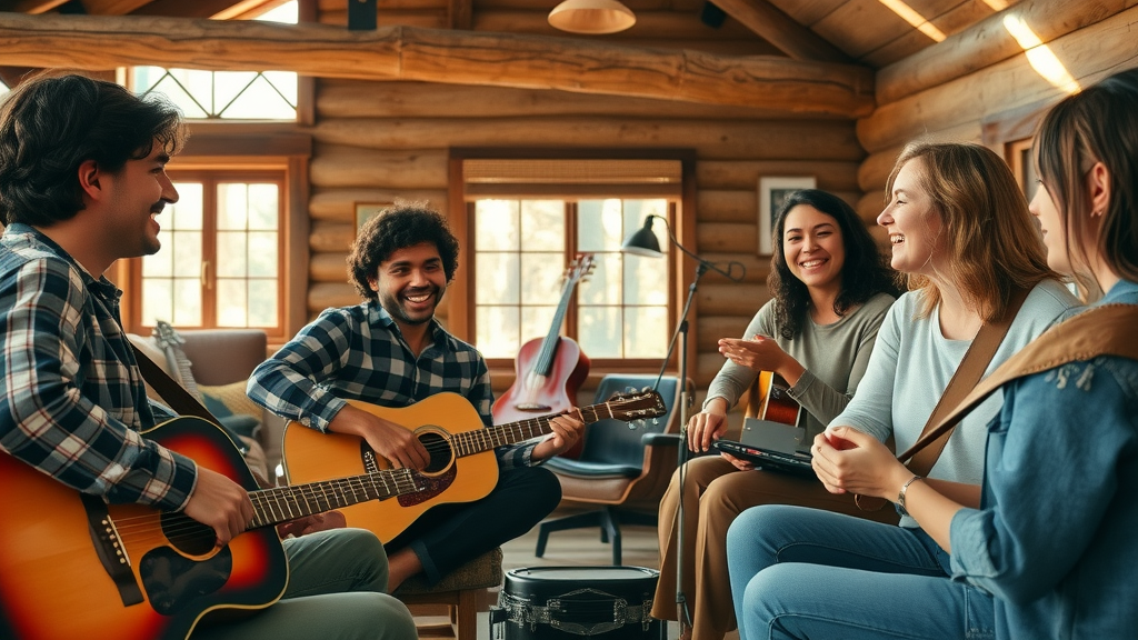 inspiring young diverse worship song writers collaborating at a music retreat for worship song writers trends, rustic lodge with instruments, morning sunlight and creative energy