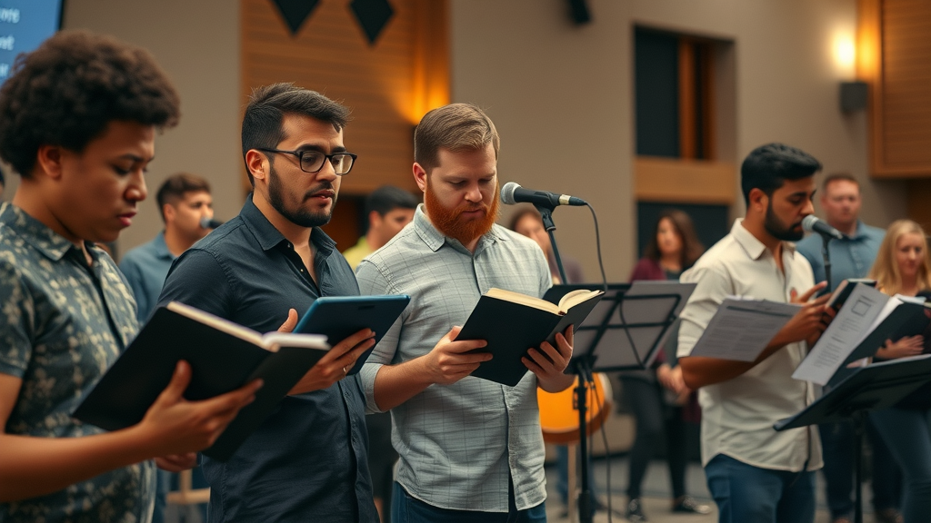 dedicated worship band rehearsing, worship leaders selecting worship song sheets from tablets, preparing for local church worship, warm lights, urban sanctuary
