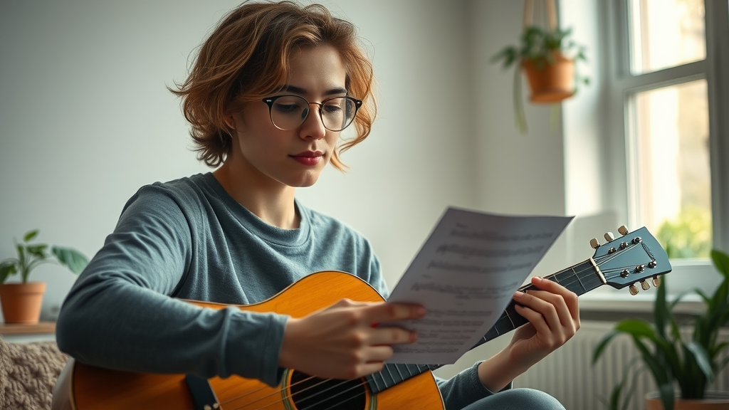 hopeful aspiring worship song writer at home, focused, writing lyrics on guitar, worship song writers trends in local church, cozy apartment, afternoon sunlight