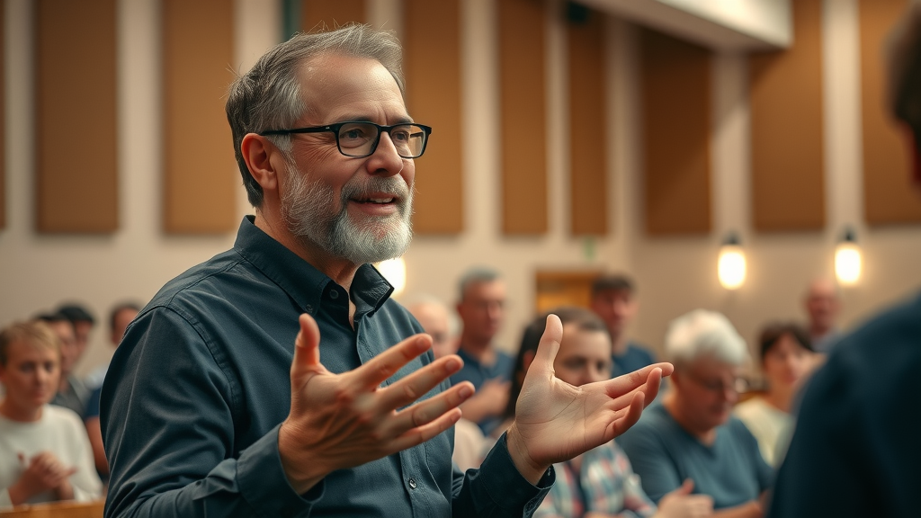 serene worship leader answering FAQs on worship song writers trends, supportive community church hall, authentic conversation