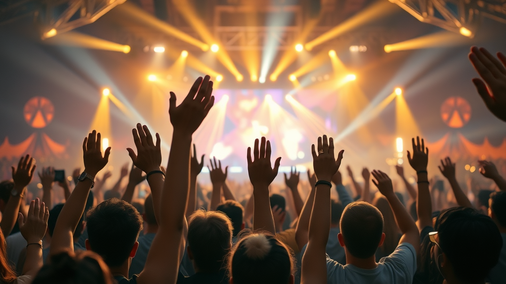 inspiring montage of global and local worshippers, worship song writers trends, hands raised, light beams, merging scenes of large concert and local church unity